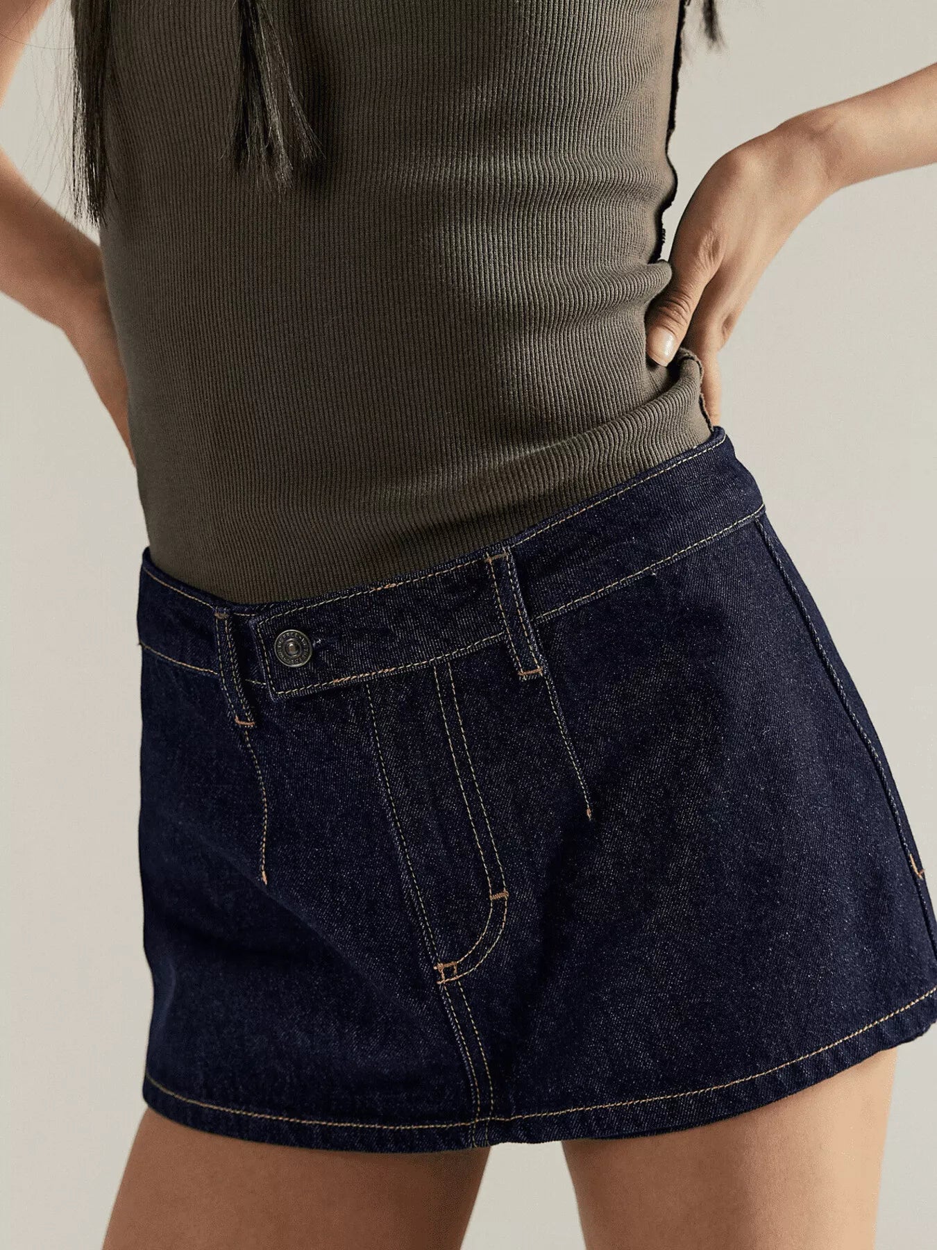 Classic Wash Denim Mini Skort by Dreamy Drapes