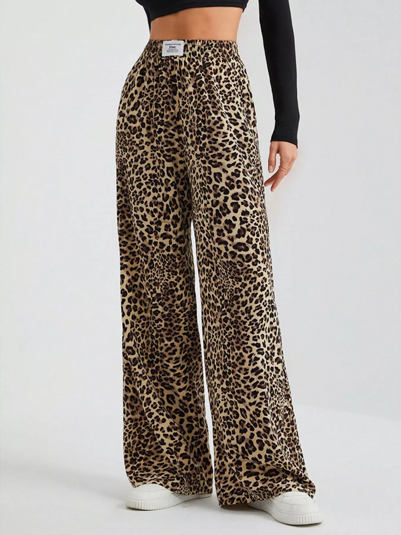 Leopard Print Wide Leg Pants, Plus Size
