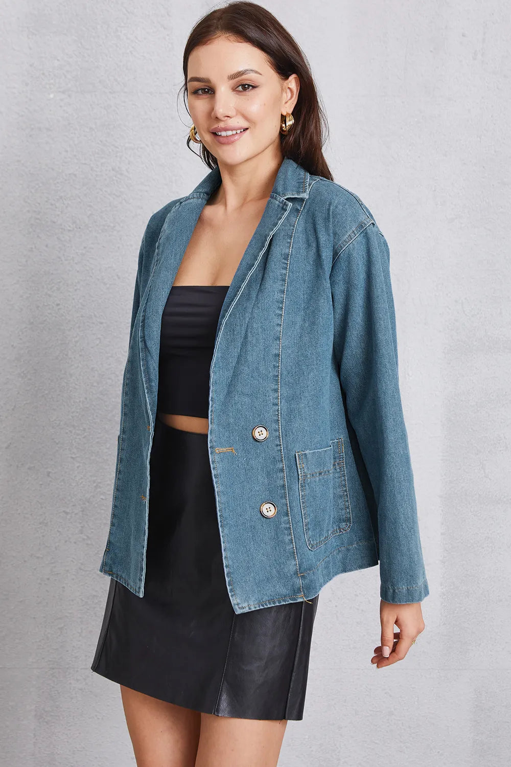 Long Sleeve Pocketed Denim Jacket in Medium Wash by Y.Y@Denim