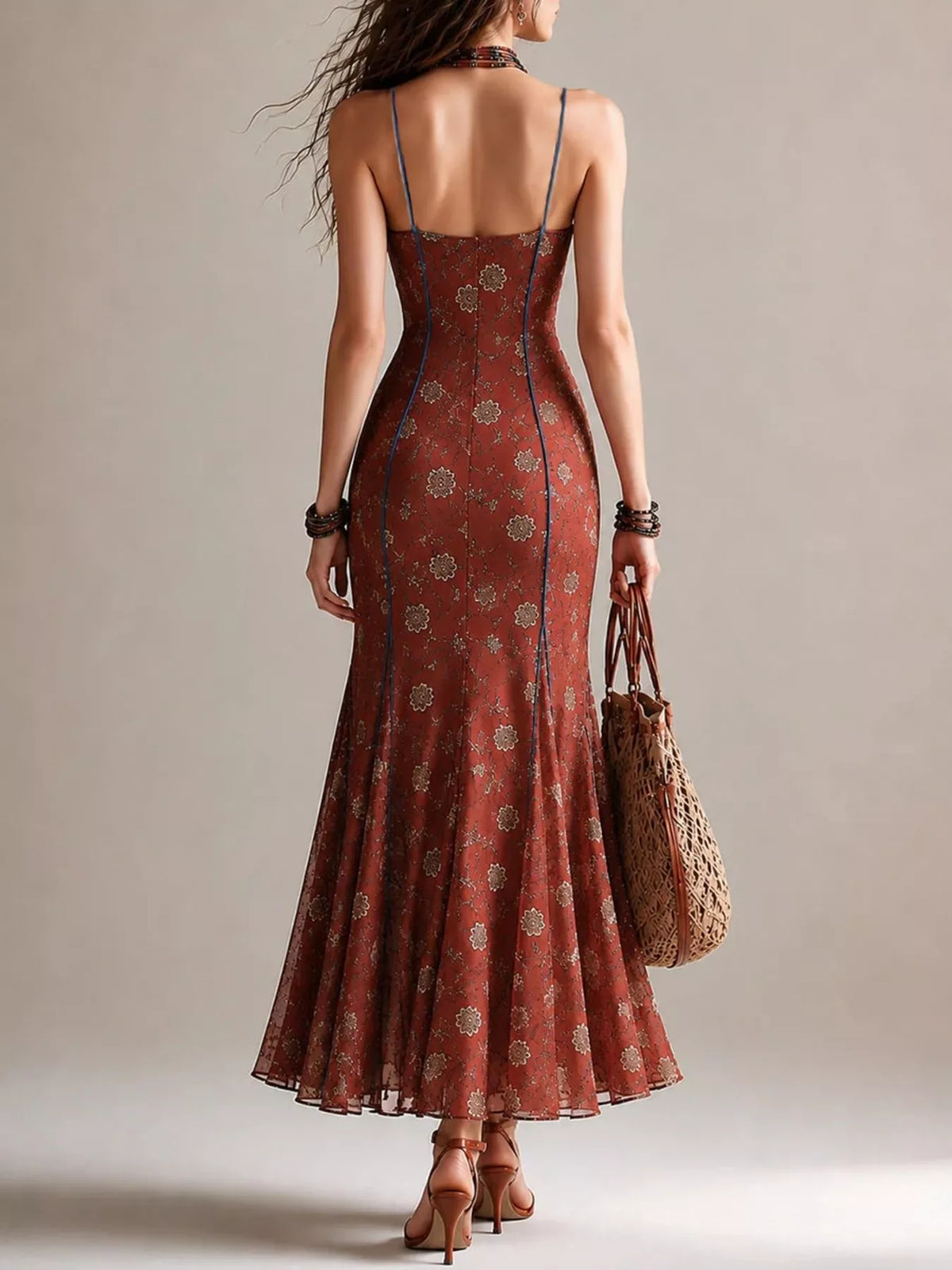 Floral Print Spaghetti Strap Maxi Dress in Rust by Yvette