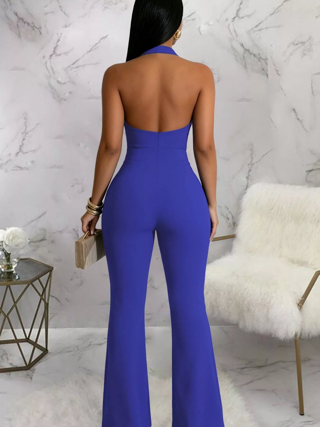 Halter Neck Cutout Flare Jumpsuit
