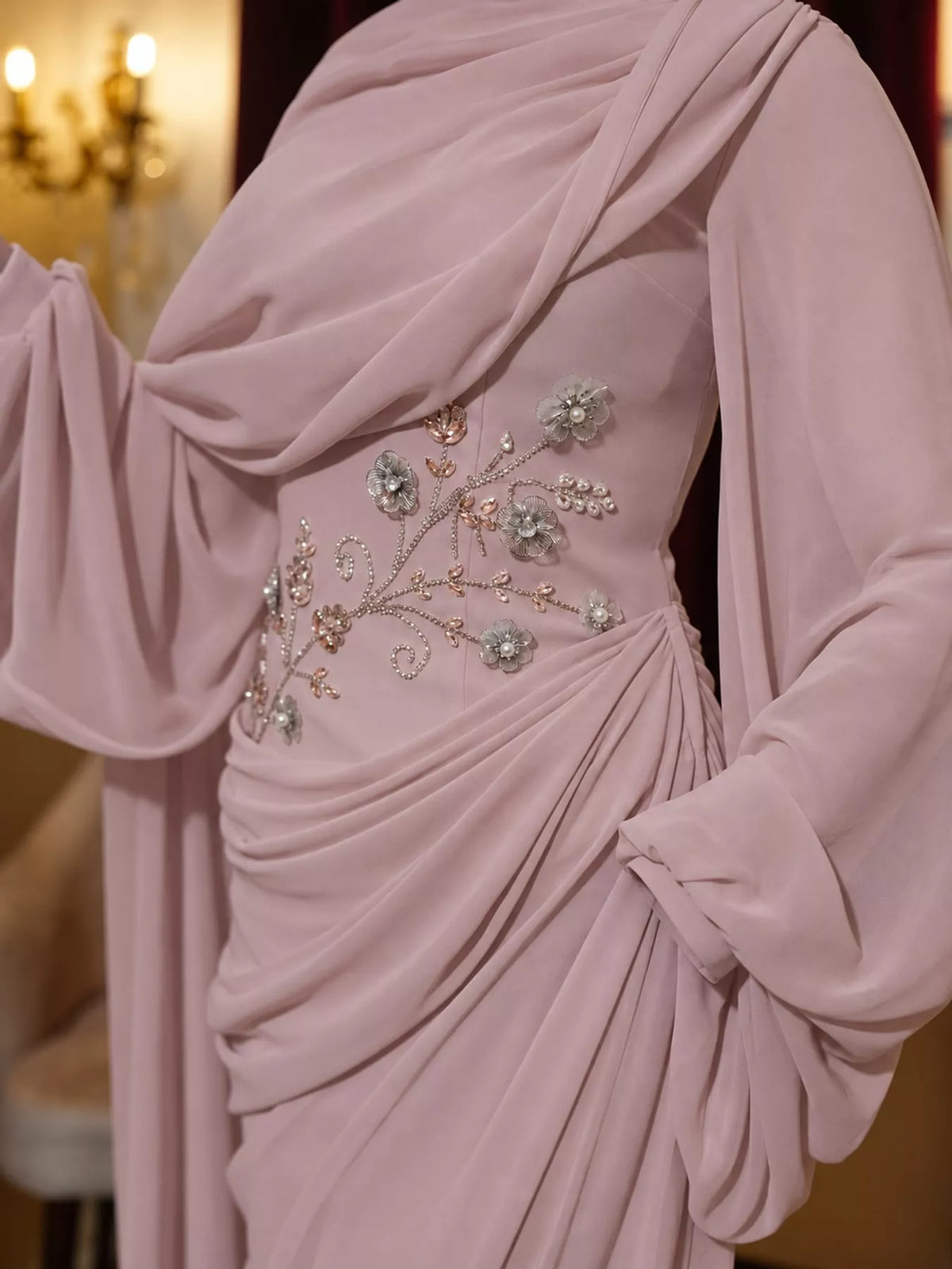 Long-Sleeve Rhinestone Ruched Maxi Evening Dress
