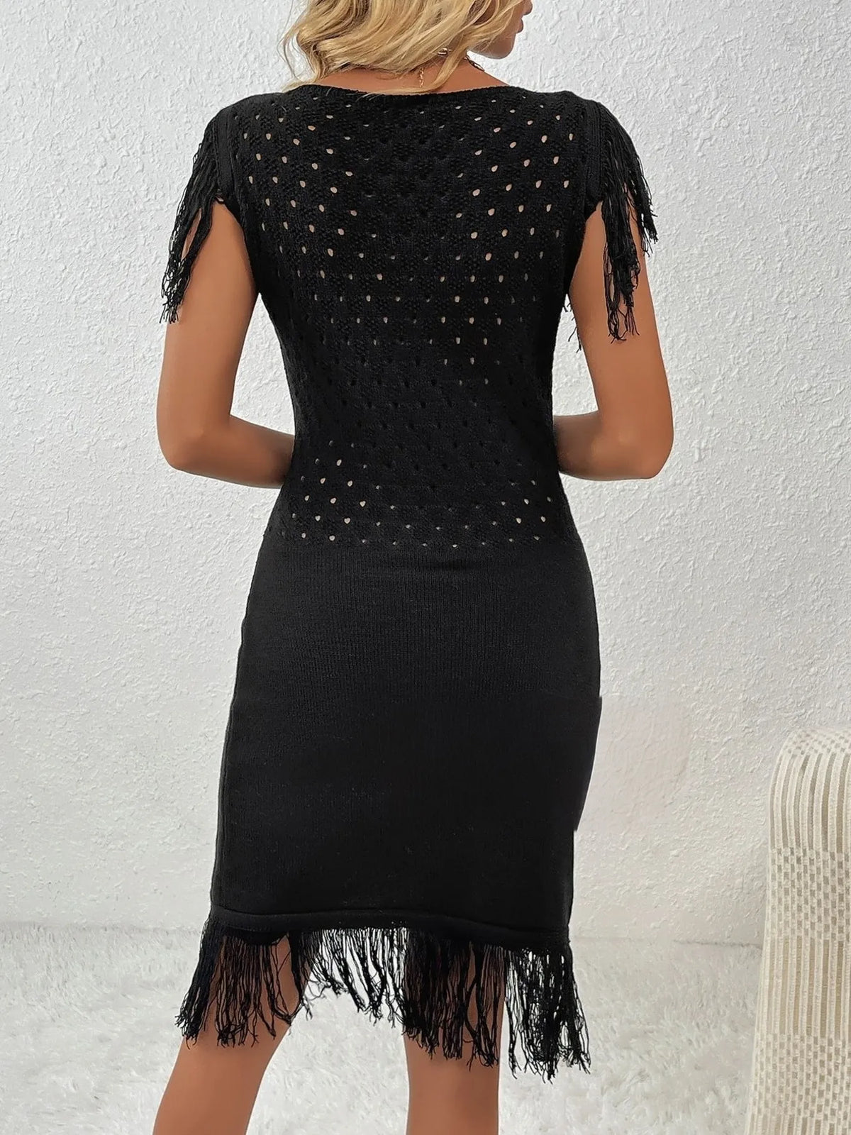 Fringe Crochet Boat Neck Sweater Dress in White
