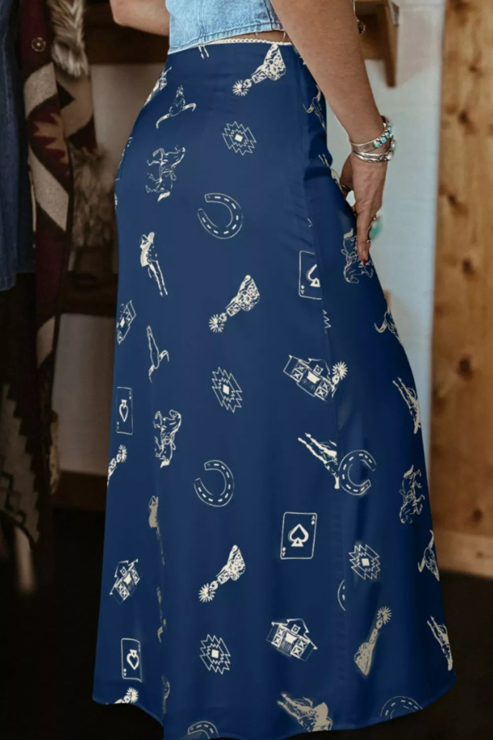 Western Print Satin Maxi Skirt in Navy