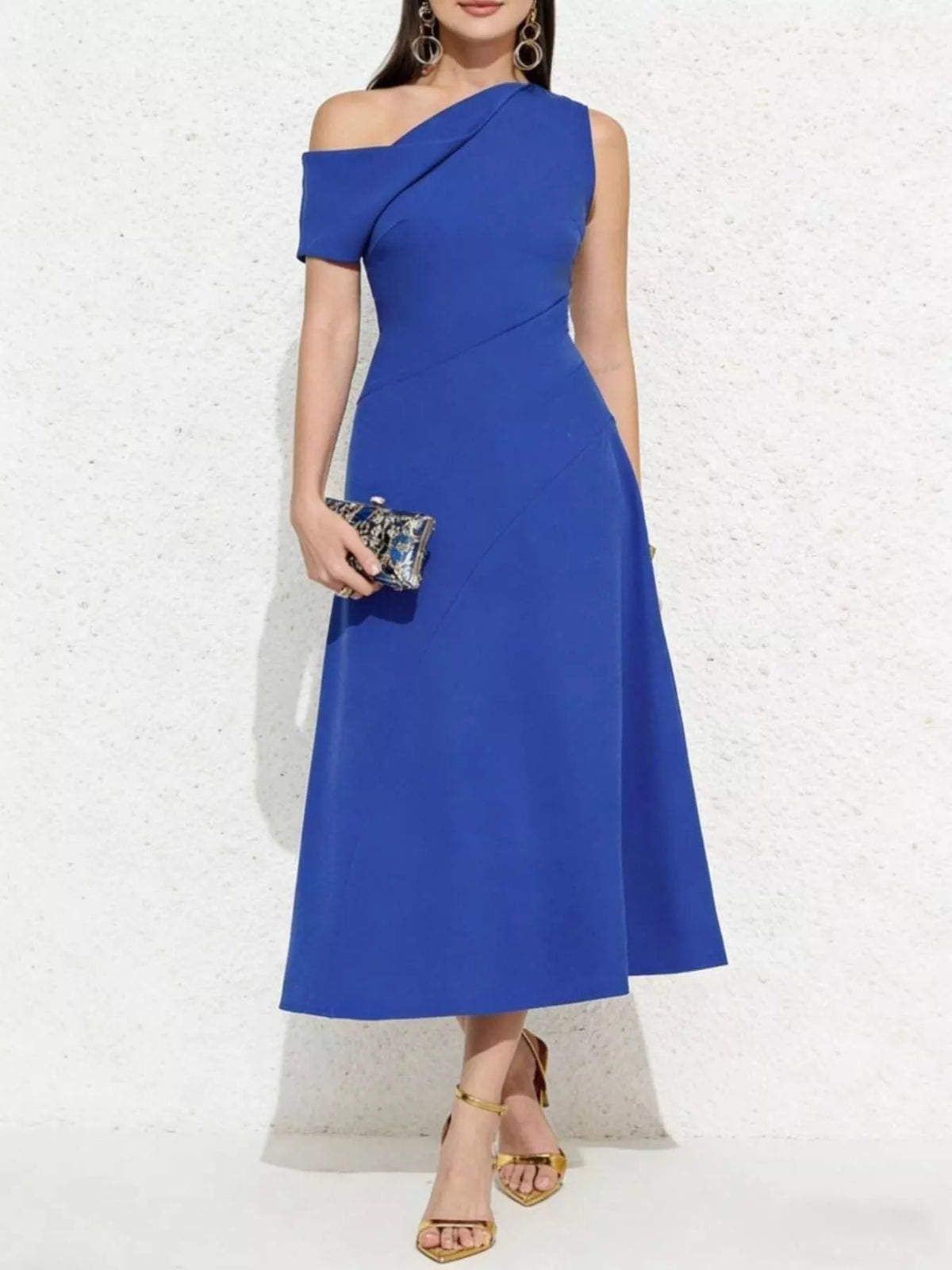 One-Shoulder Midi Dress in Royal Blue