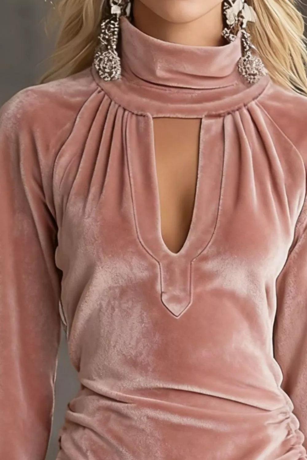Velvet Ruched Mini Dress with Cutout in Dusty Pink
