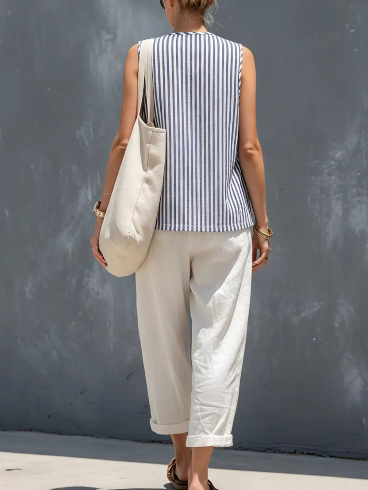 Striped Button-Down Vest and Pants Set in Blue