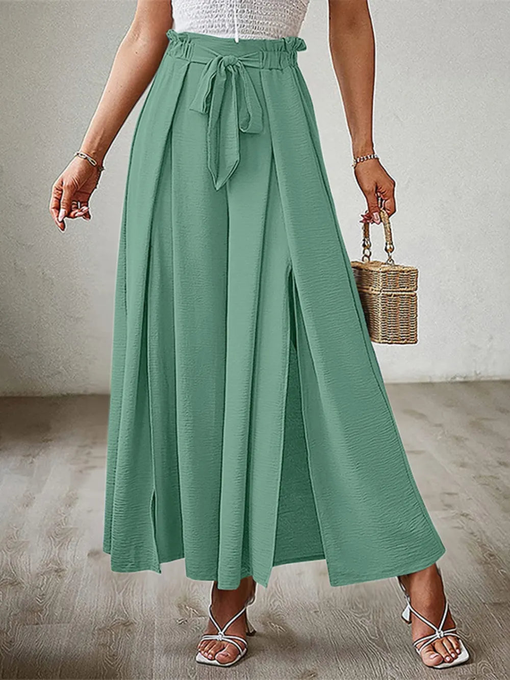 Wide Leg Pants with Tie and Slit