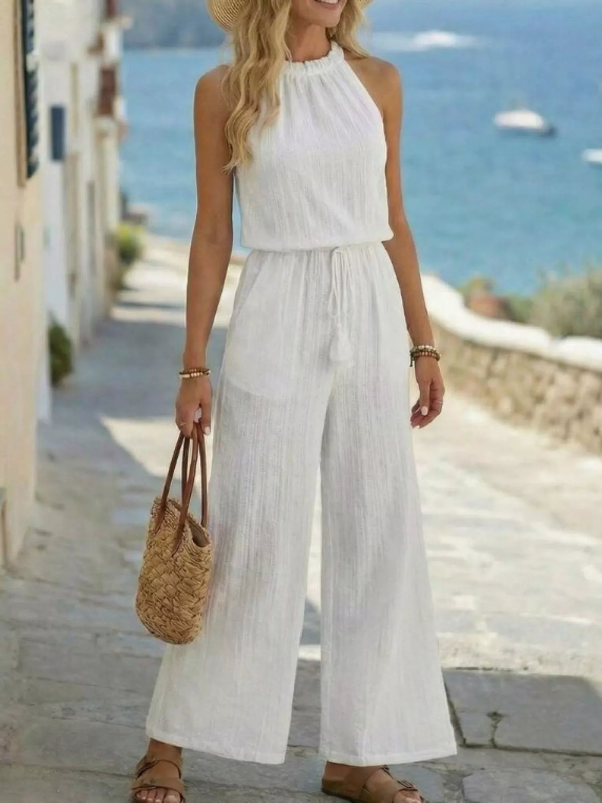 Tasseled Sleeveless Wide Leg Jumpsuit