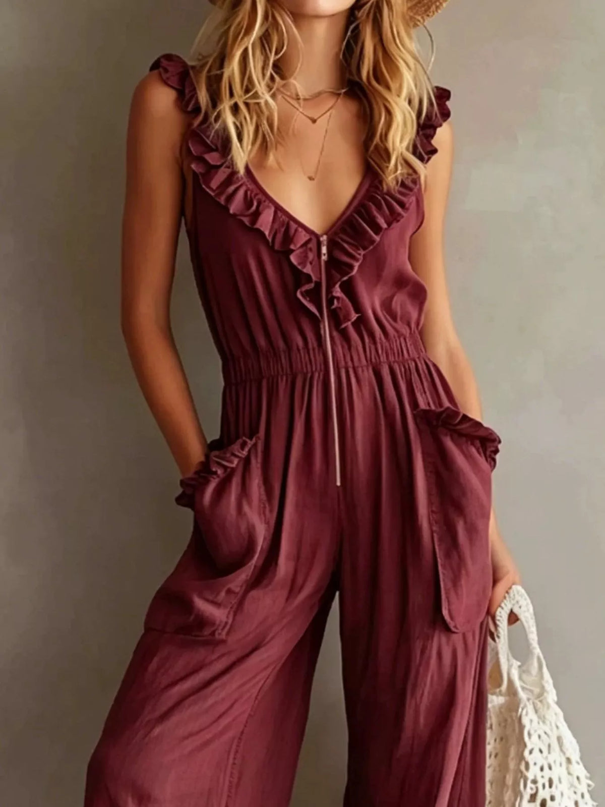 Ruffled V-Neck Jumpsuit with Pockets