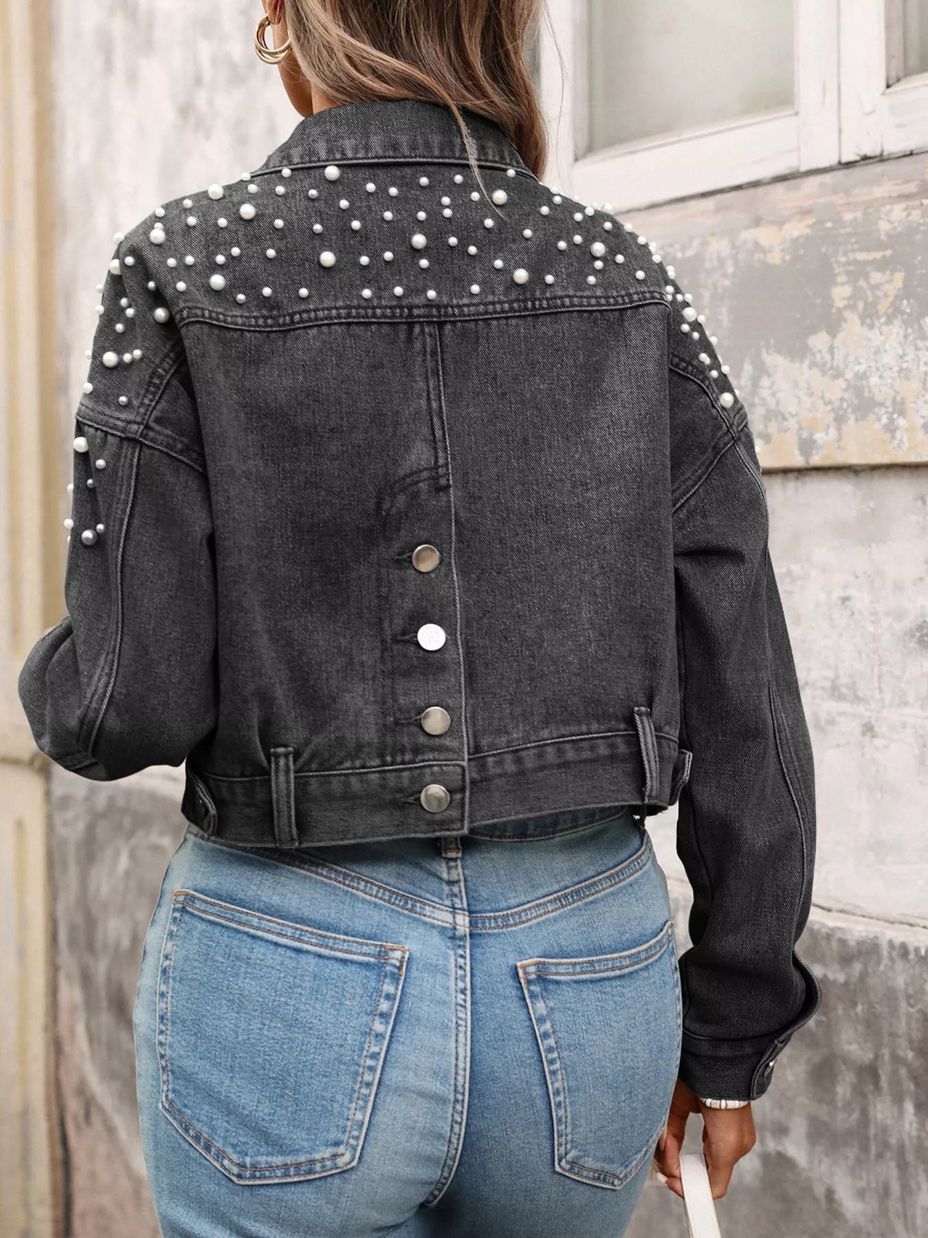 Pearl Embellished Cropped Denim Jacket by Moni Wear