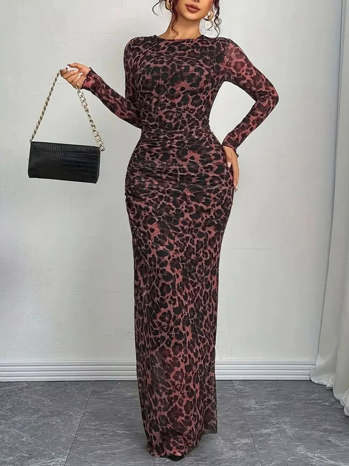 Leopard Print Ruched Bodycon Maxi Dress