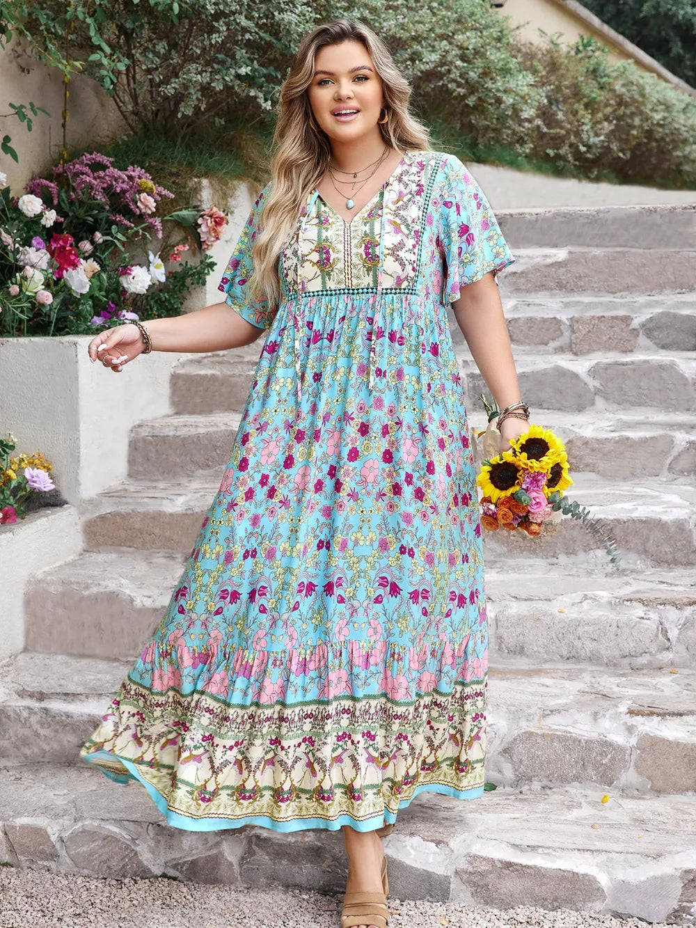 Printed Tie-Neck Flutter Sleeve Maxi Dress in Pastel Blue in Pastel  Blue