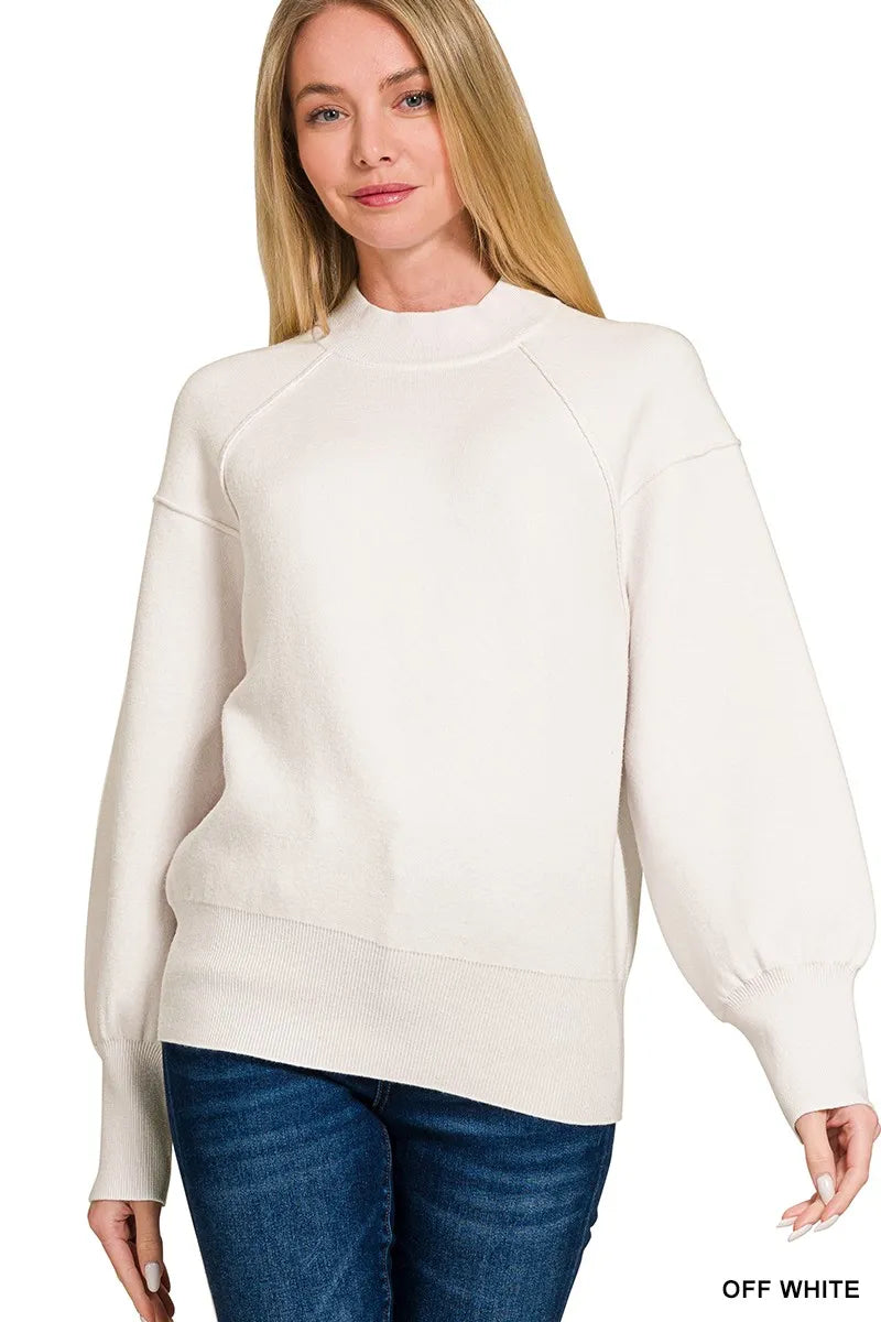 Zenana Mock Neck Exposed Seam Sweater in Off White