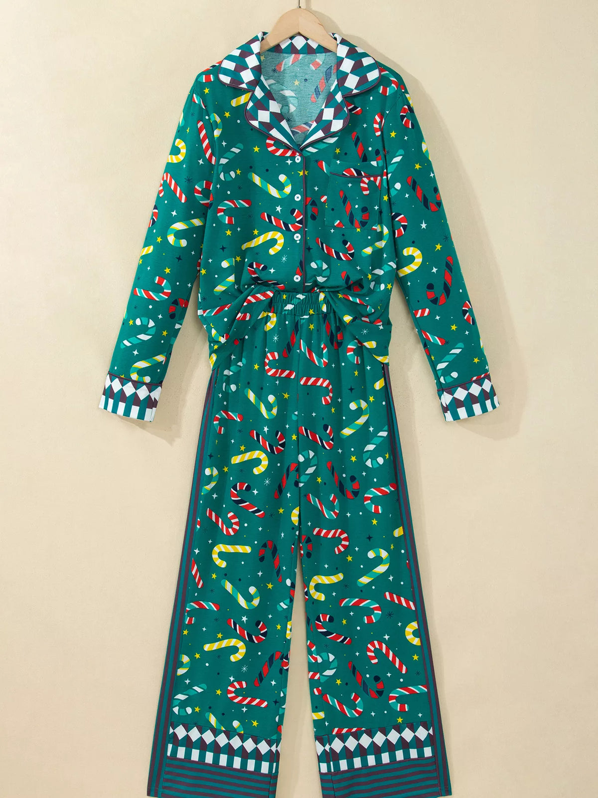 Candy Cane Print Two-Piece Lounge Set in Dark Green