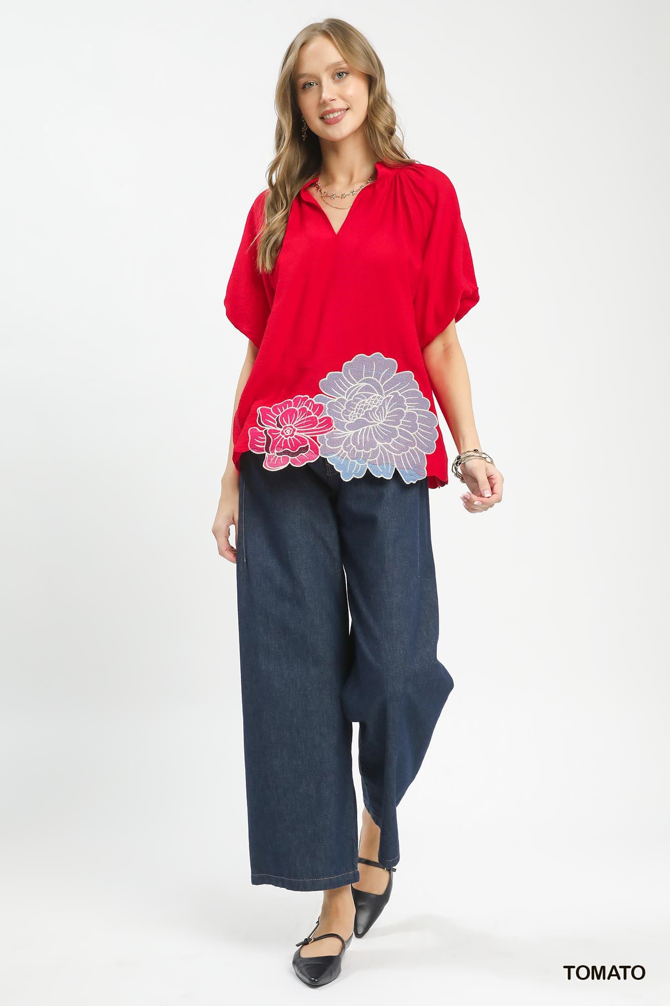 Umgee Floral Embroidered Hem Blouse in Tomato