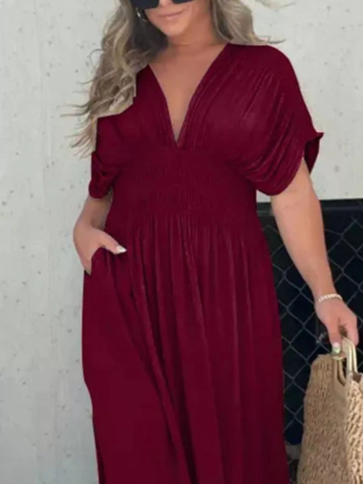 Smocked Waist V-Neck Slit Maxi Dress
