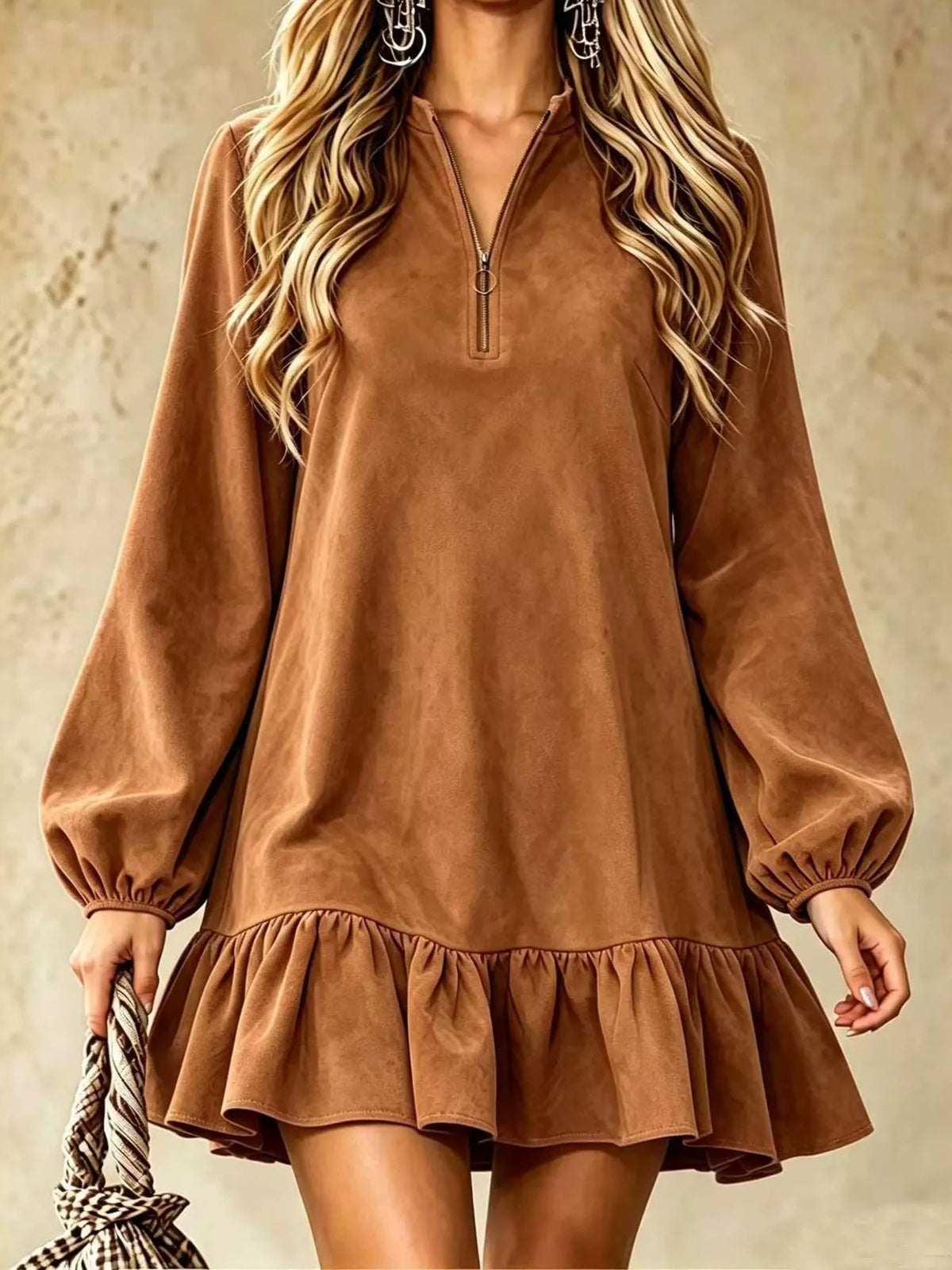 Quarter-Zip Ruffle Hem Mini Dress