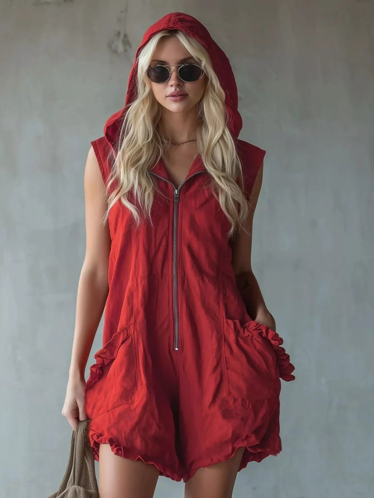 Hooded Zipper Romper with Ruffled Pockets