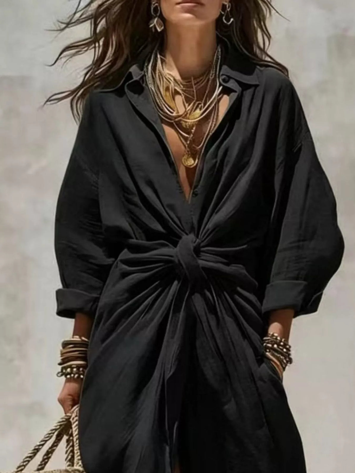 Front-Tie Maxi Shirt Dress