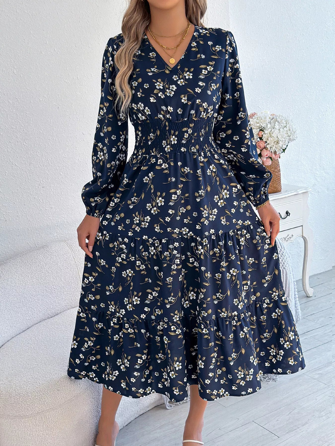 Floral Print Tiered Midi Dress