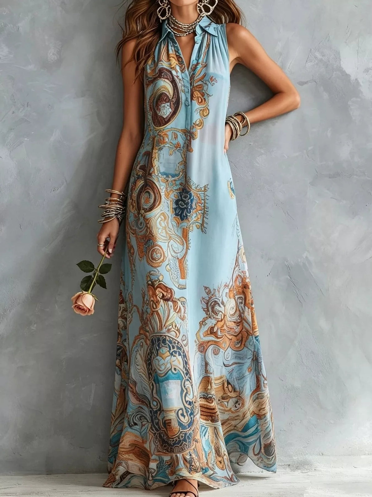 Bohemian Sleeveless Button-Down Maxi Shirt Dress by Kaelinne