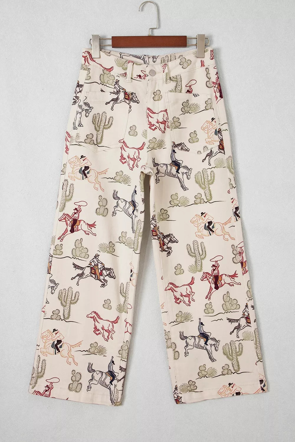 Western Print Straight-Leg Ankle Jeans in Beige