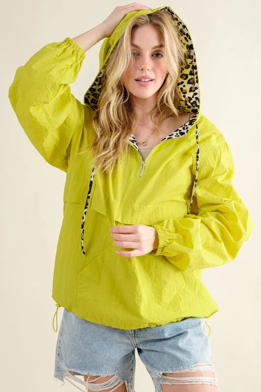 And The Why Leopard Print Zip Windbreaker in Lime