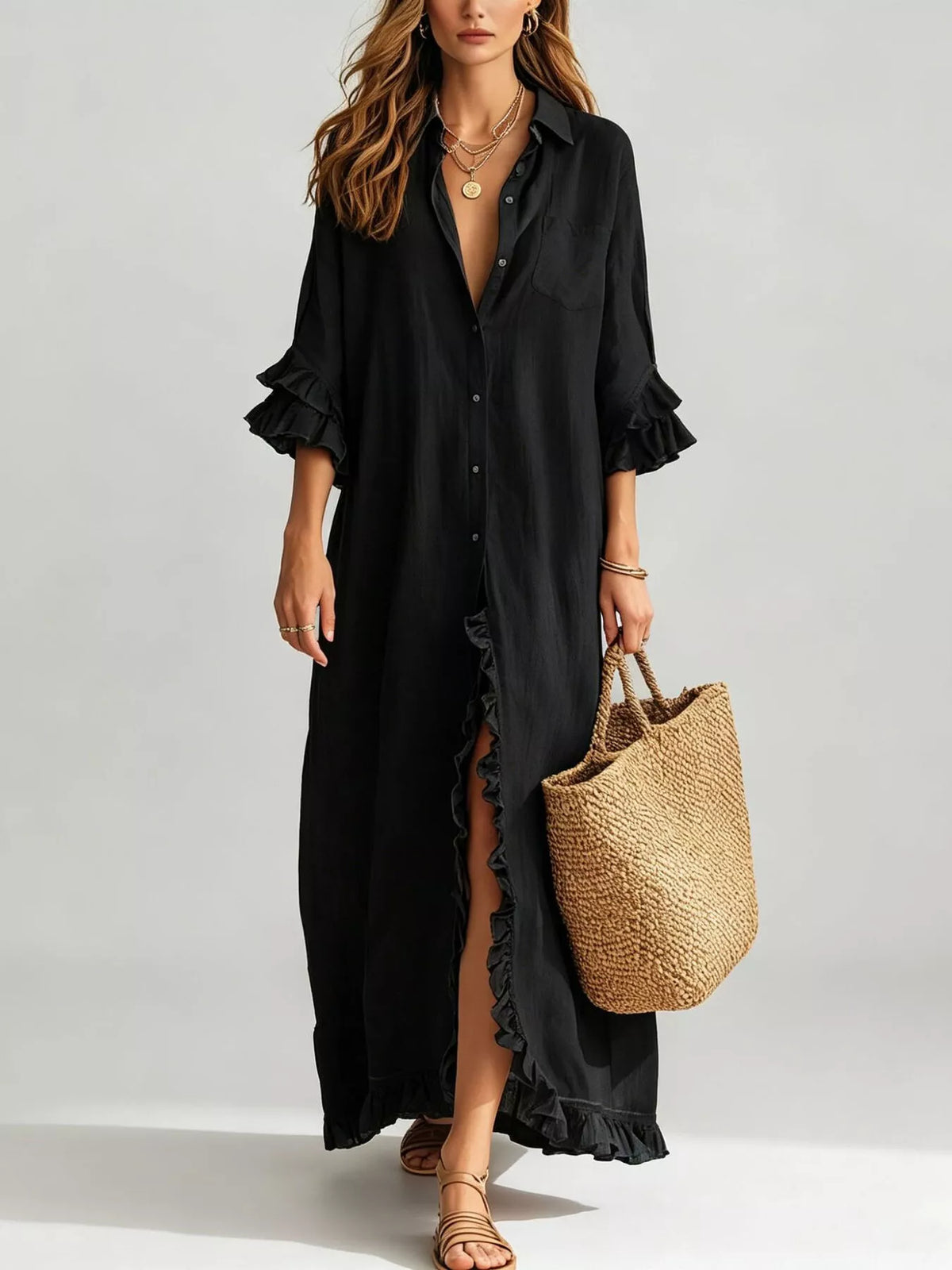 Ruffled Trim Button-Down Maxi Shirt Dress