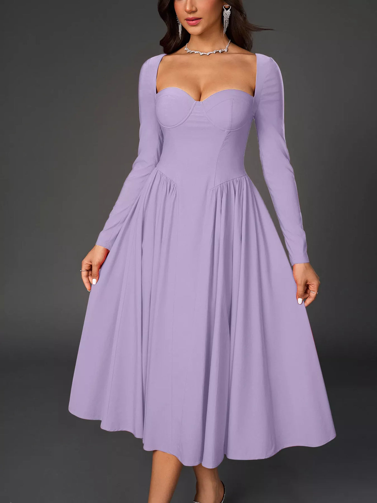 Sweetheart Neckline Long Sleeve A-Line Midi Dress