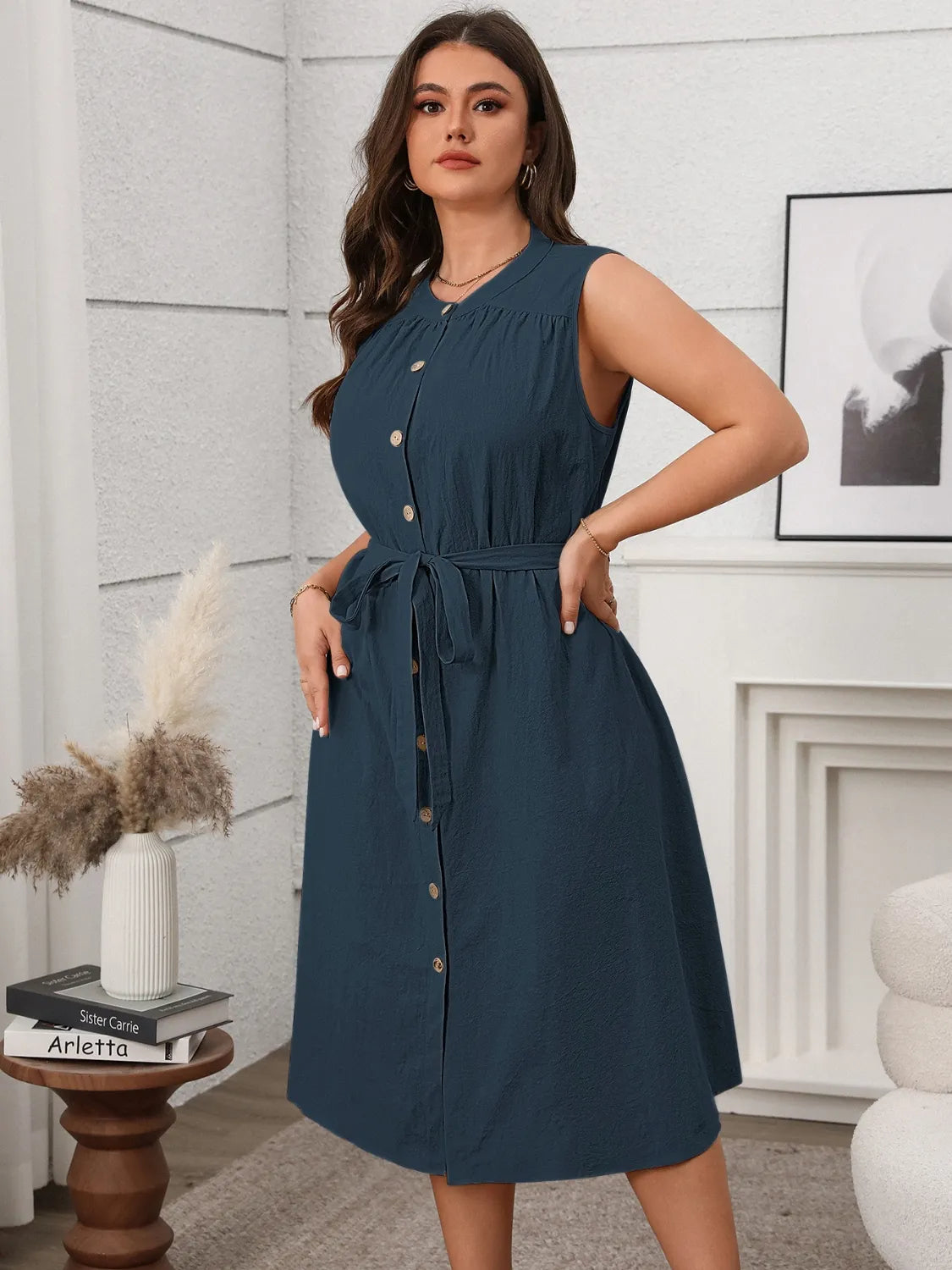 Plus Size Button Front Tie Waist Dress