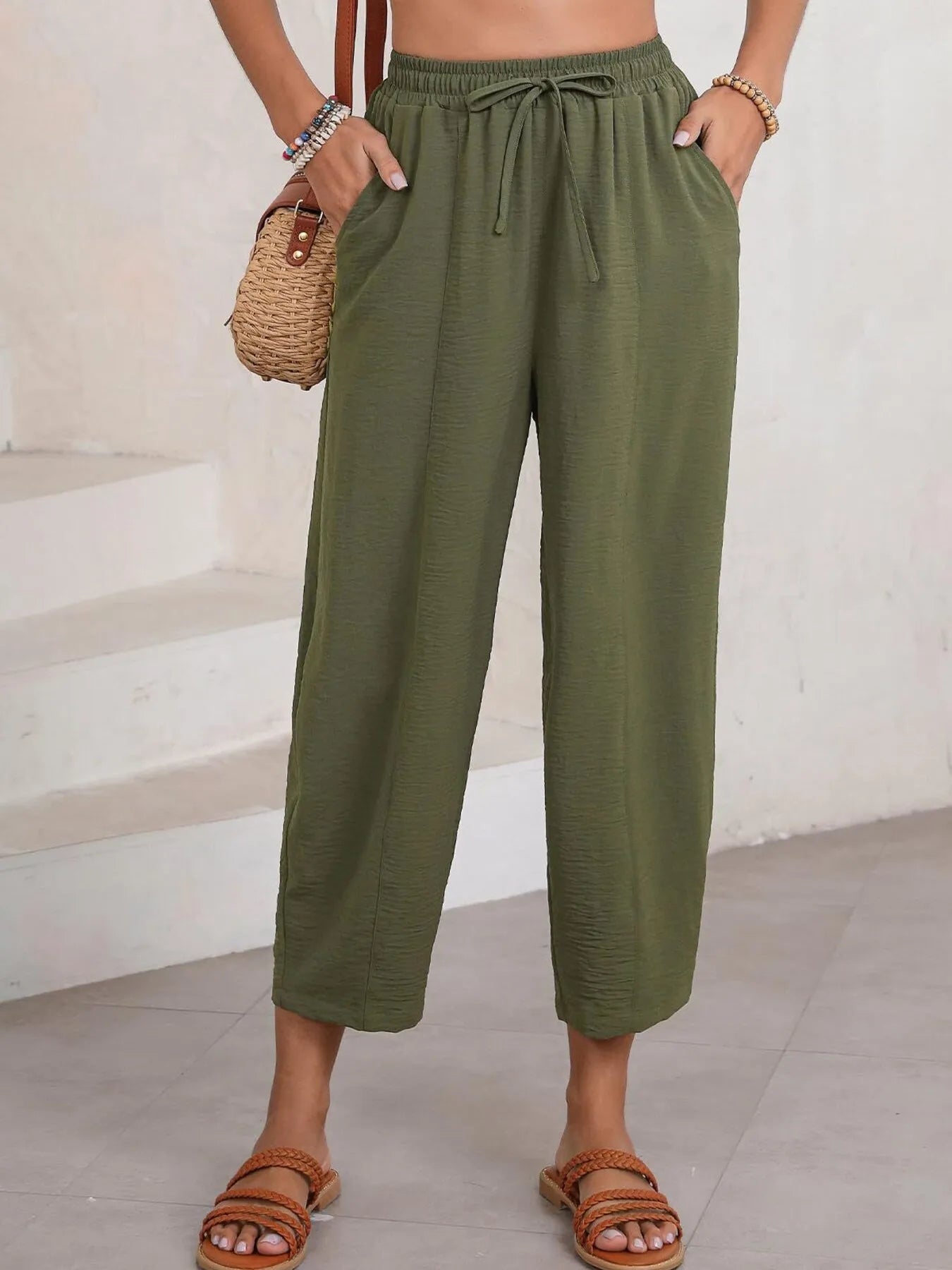 Drawstring Wide Leg Cropped Pants