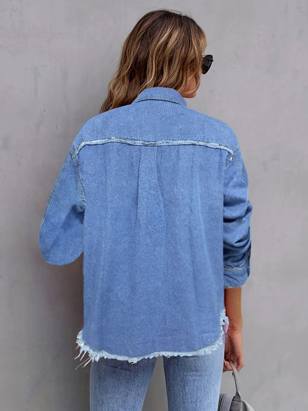 Collared Long Sleeve Denim Shirt with Chest Pocket by X@Y@K
