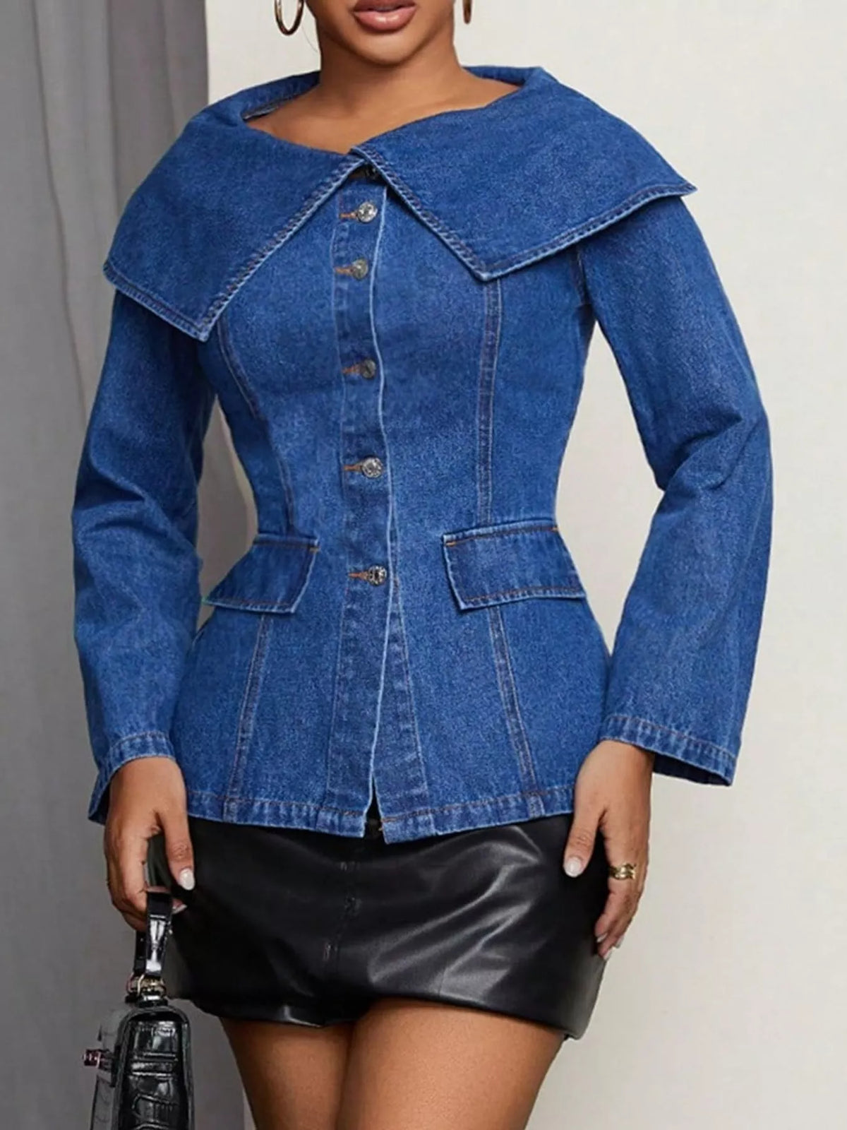 Wide Collar Slim-Fit Denim Jacket in Denim Blue