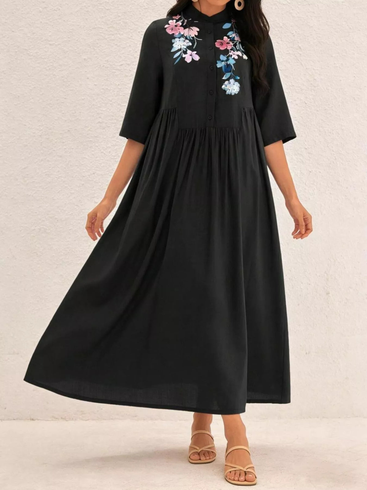 Floral Embroidered Midi Dress in Black