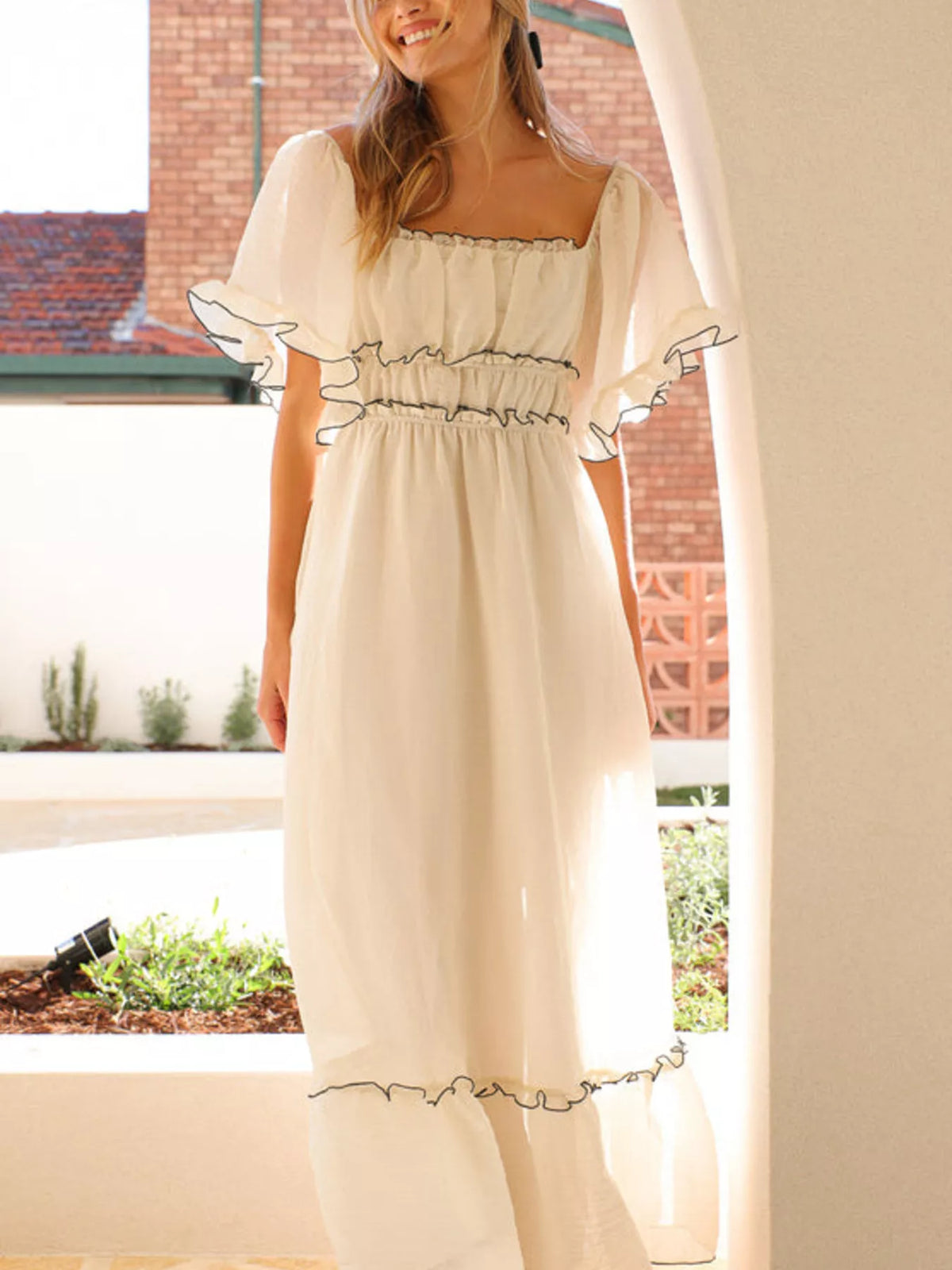 Ruffled Short Sleeve Tiered Maxi Dress in Apricot
