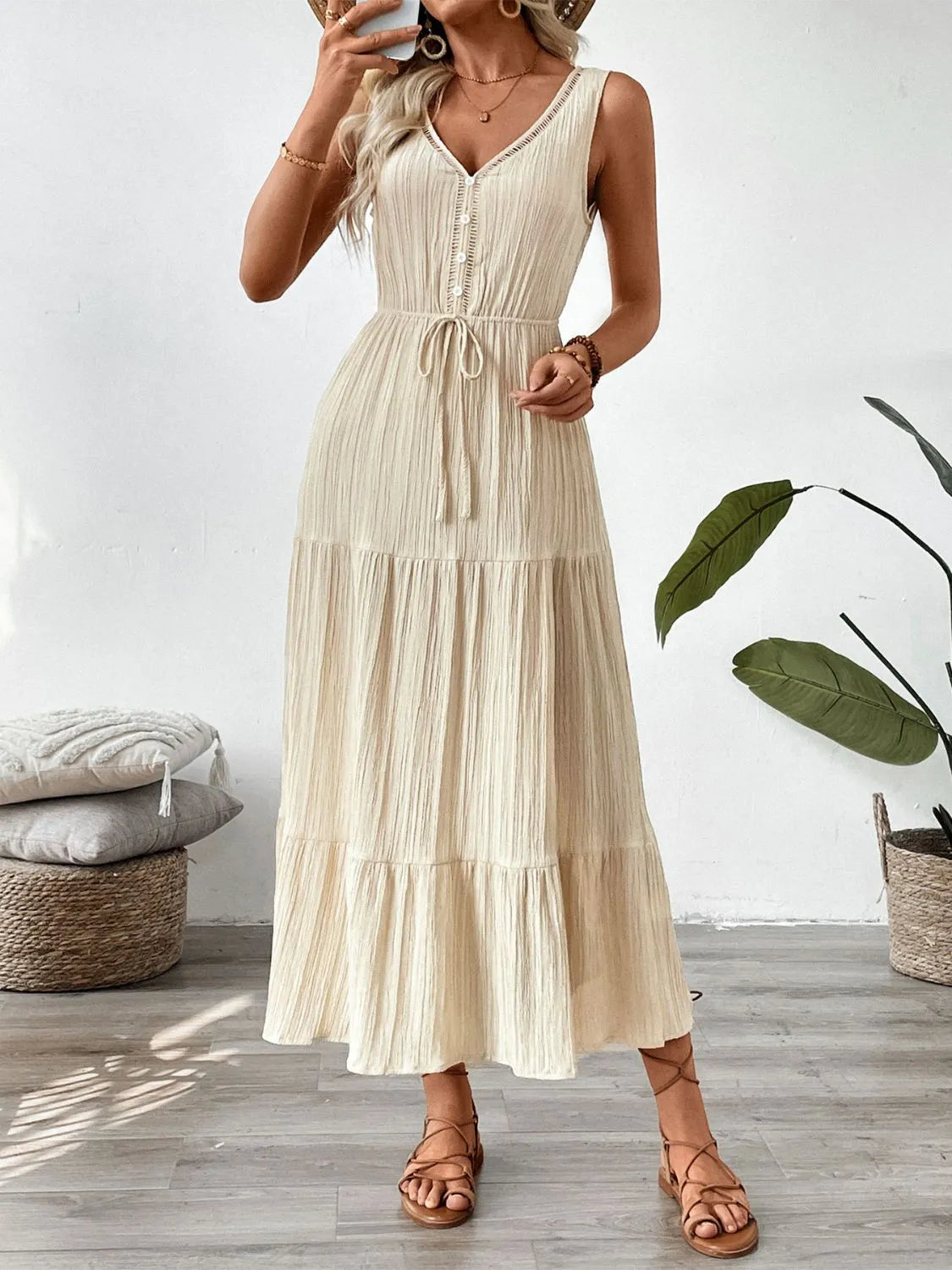 Decorative Button V-Neck Midi Dress in Tan
