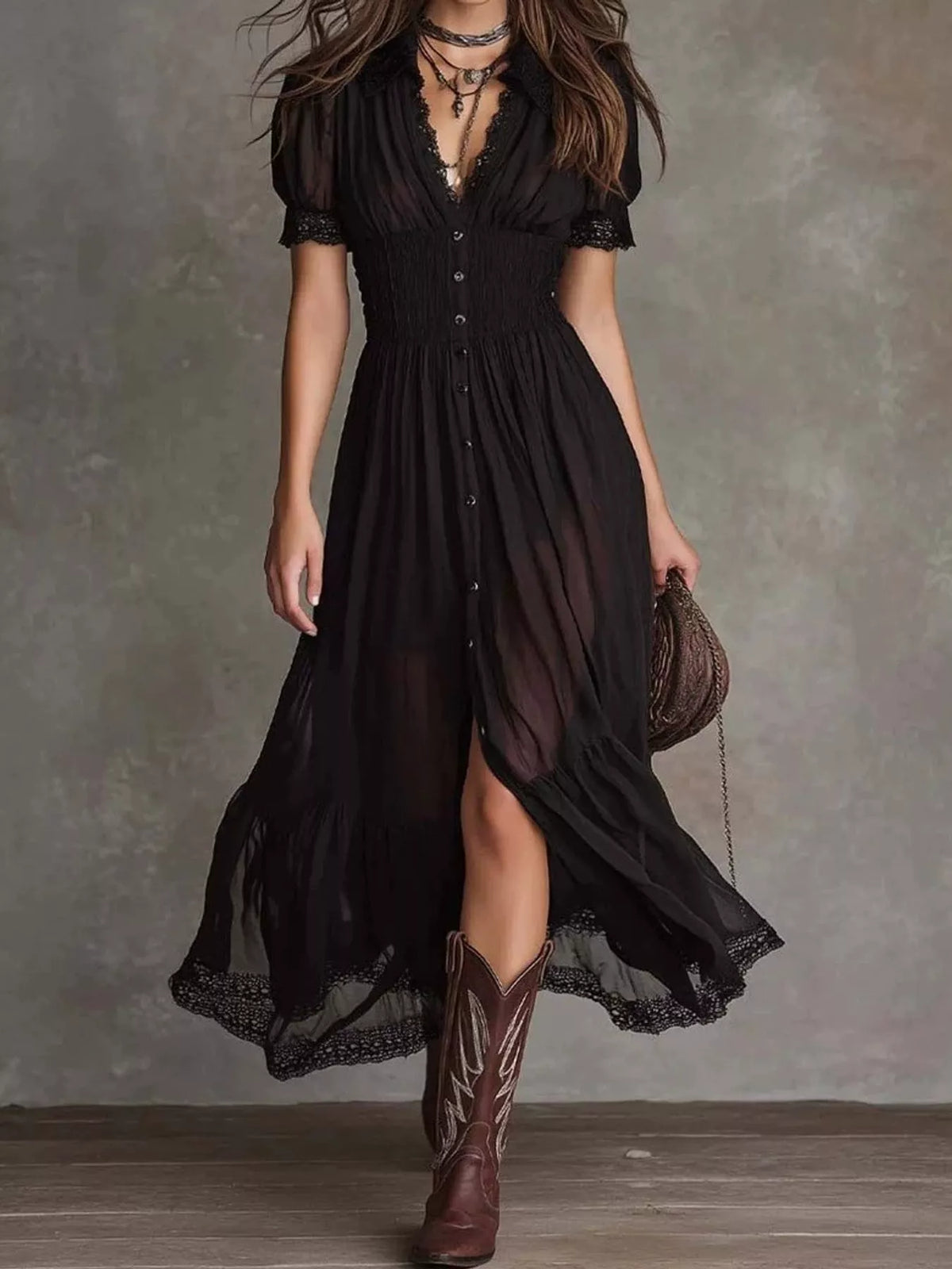 Button-Down Lace Trim Midi Dress in Black
