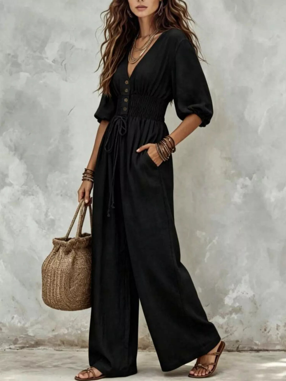 Smocked Waist Wide-Leg Jumpsuit