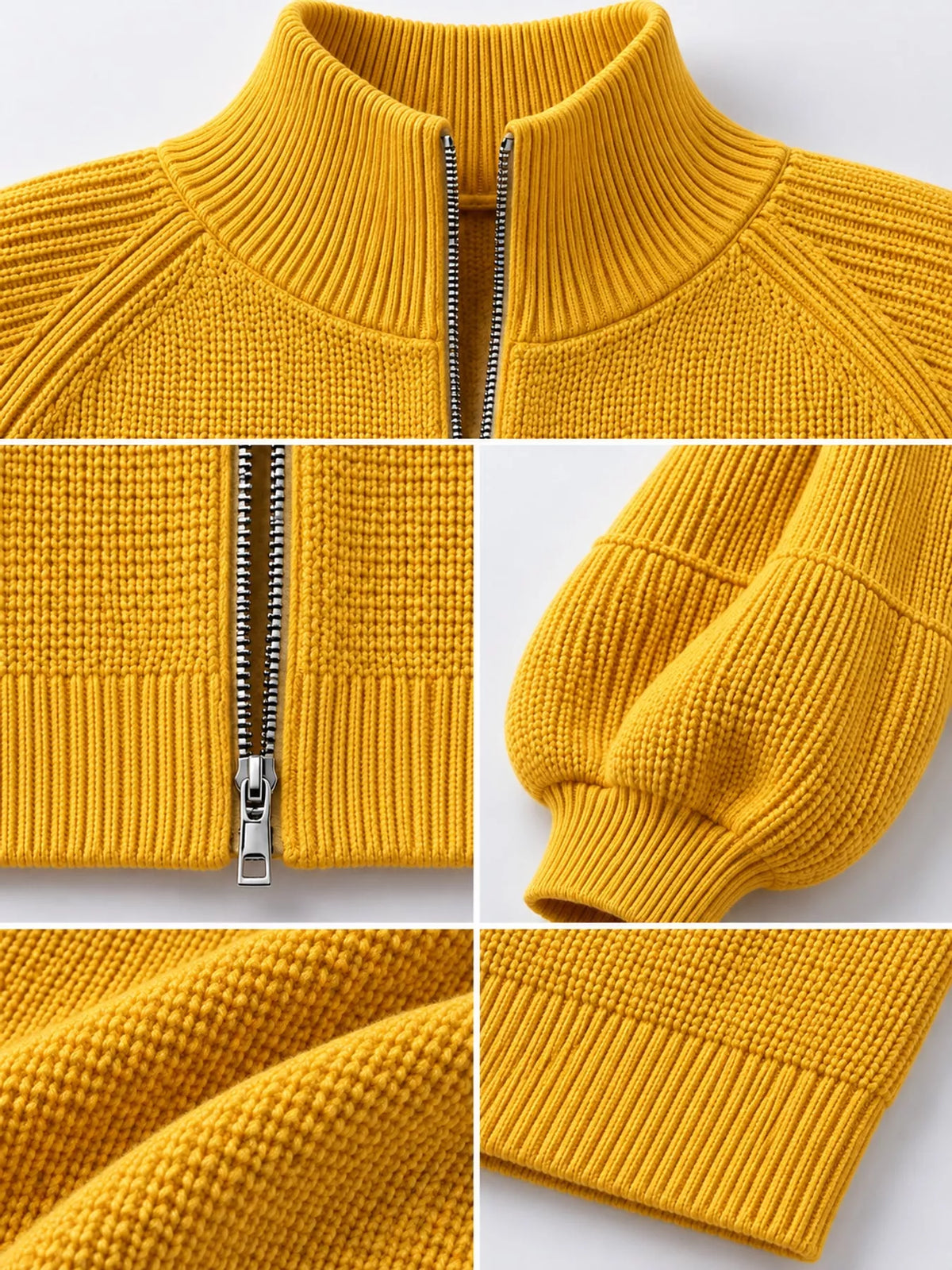 Ribbed Knit Zip-Up Cardigan with Lantern Sleeves