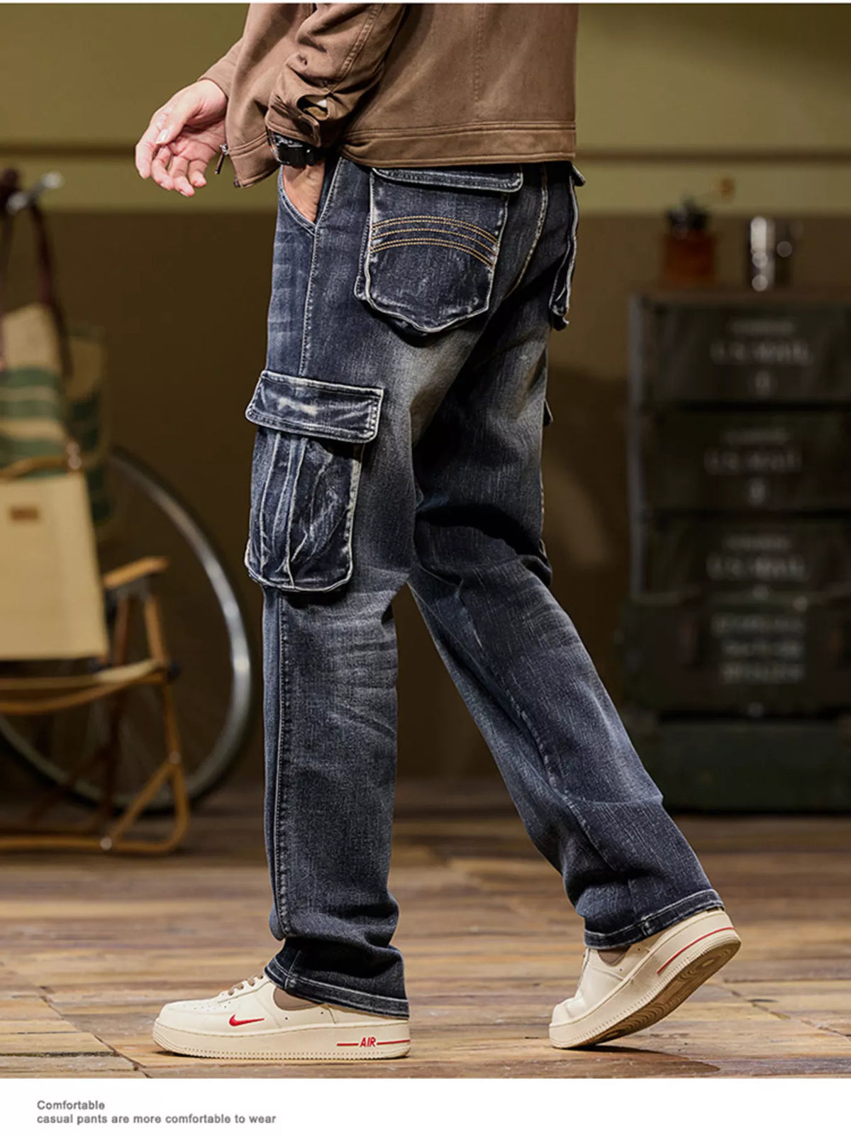 Loose Fit Cargo Jeans in Black by True Self