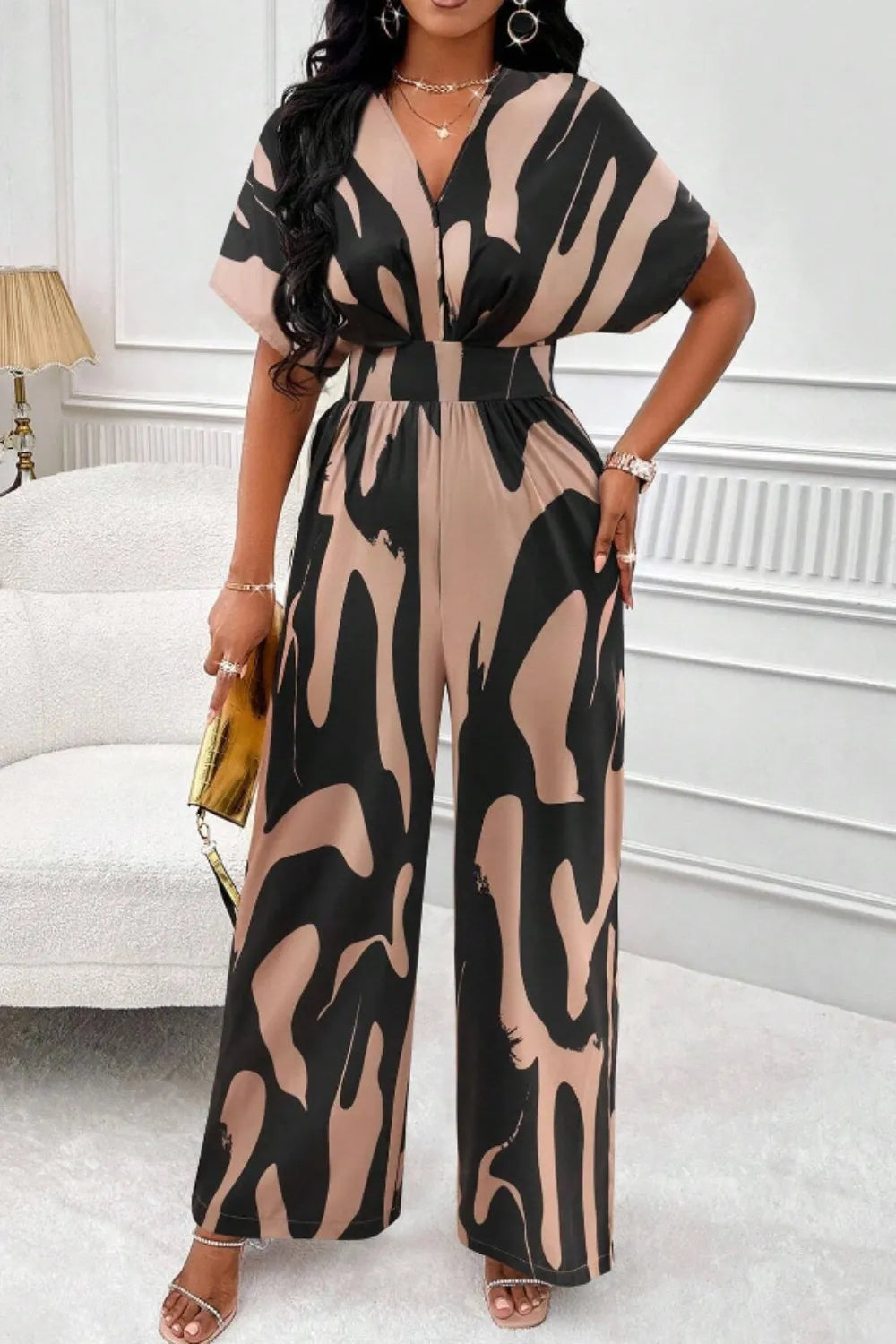 Printed V-Neck Wide Leg Jumpsuit