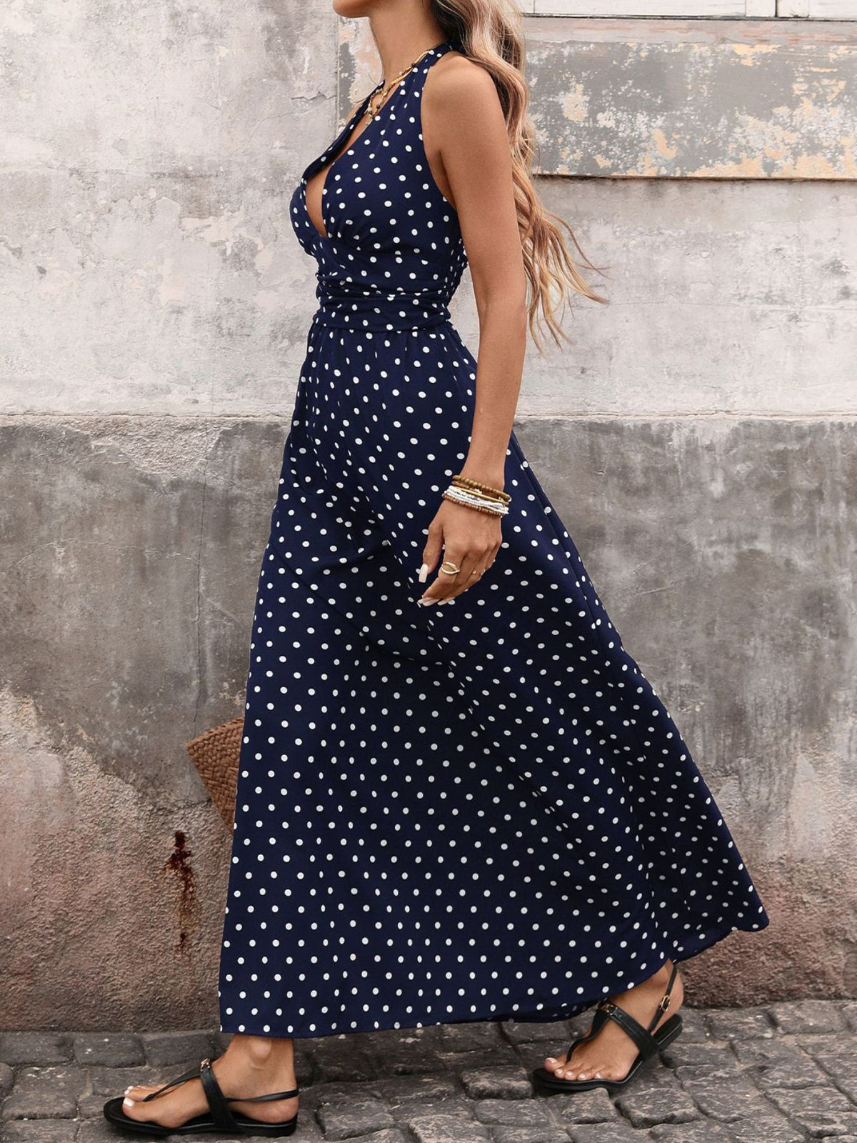 Polka Dot Tie Halter Neck Maxi Dress