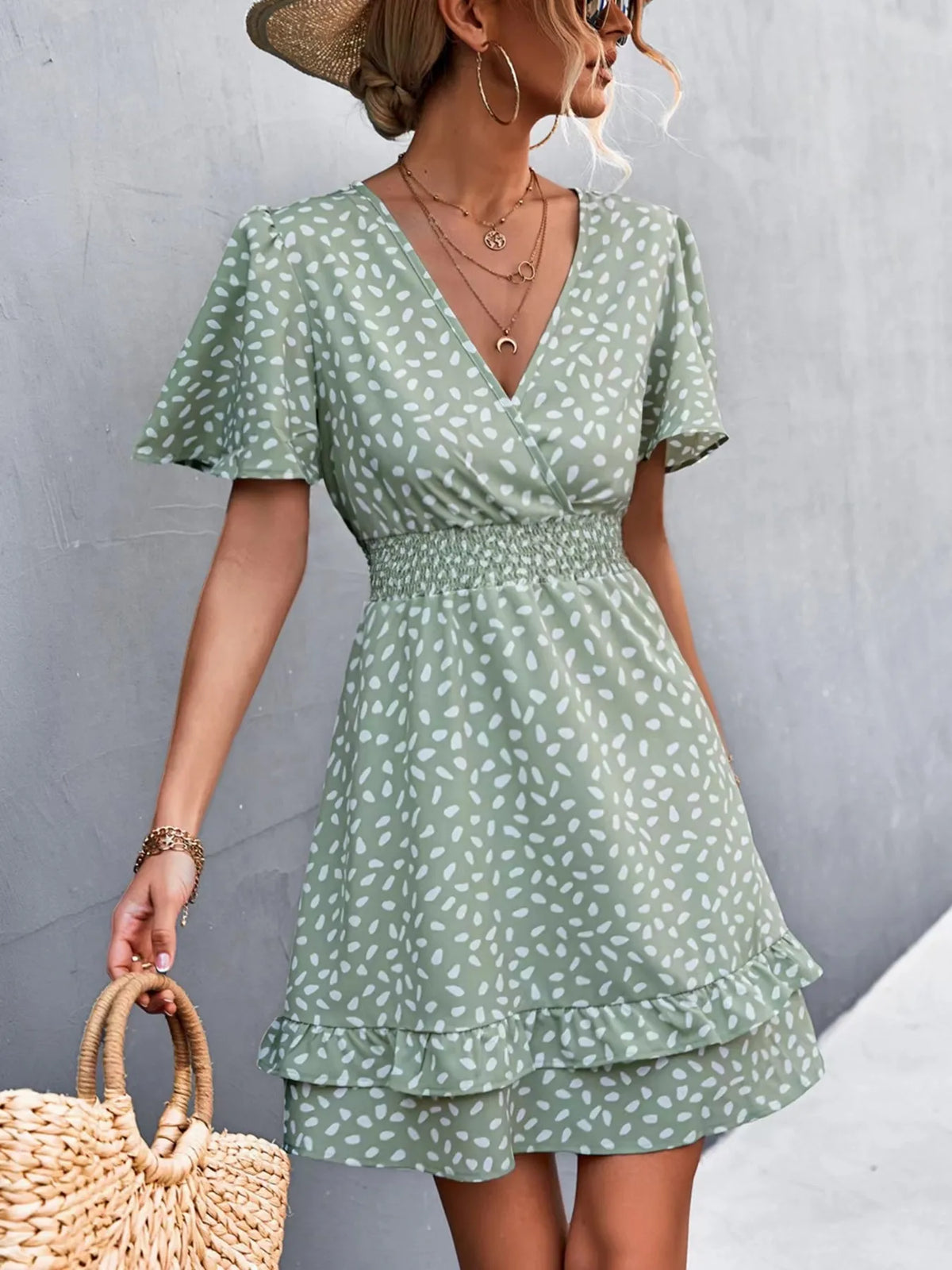 V-Neck Flutter Sleeve Mini Dress by Elaine
