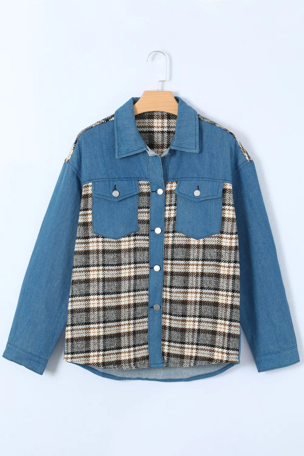 Plaid Button-Up Denim Jacket