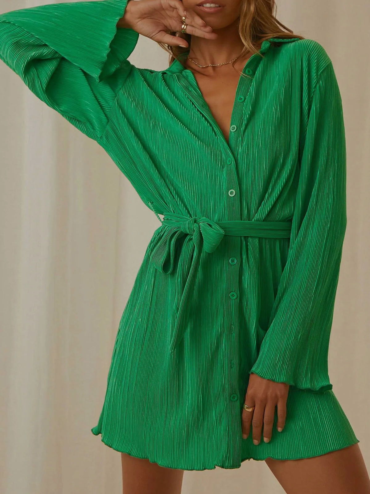 Printed Long-Sleeve Button-Front Mini Dress