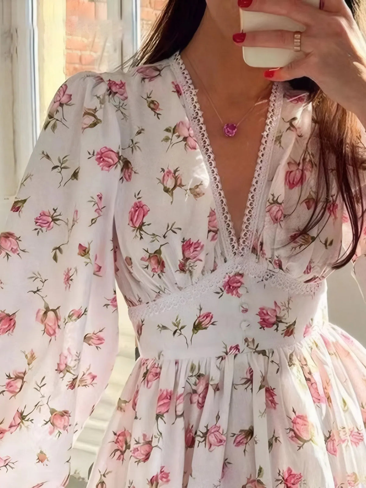 Floral Lace-Detail V-Neck Mini Dress