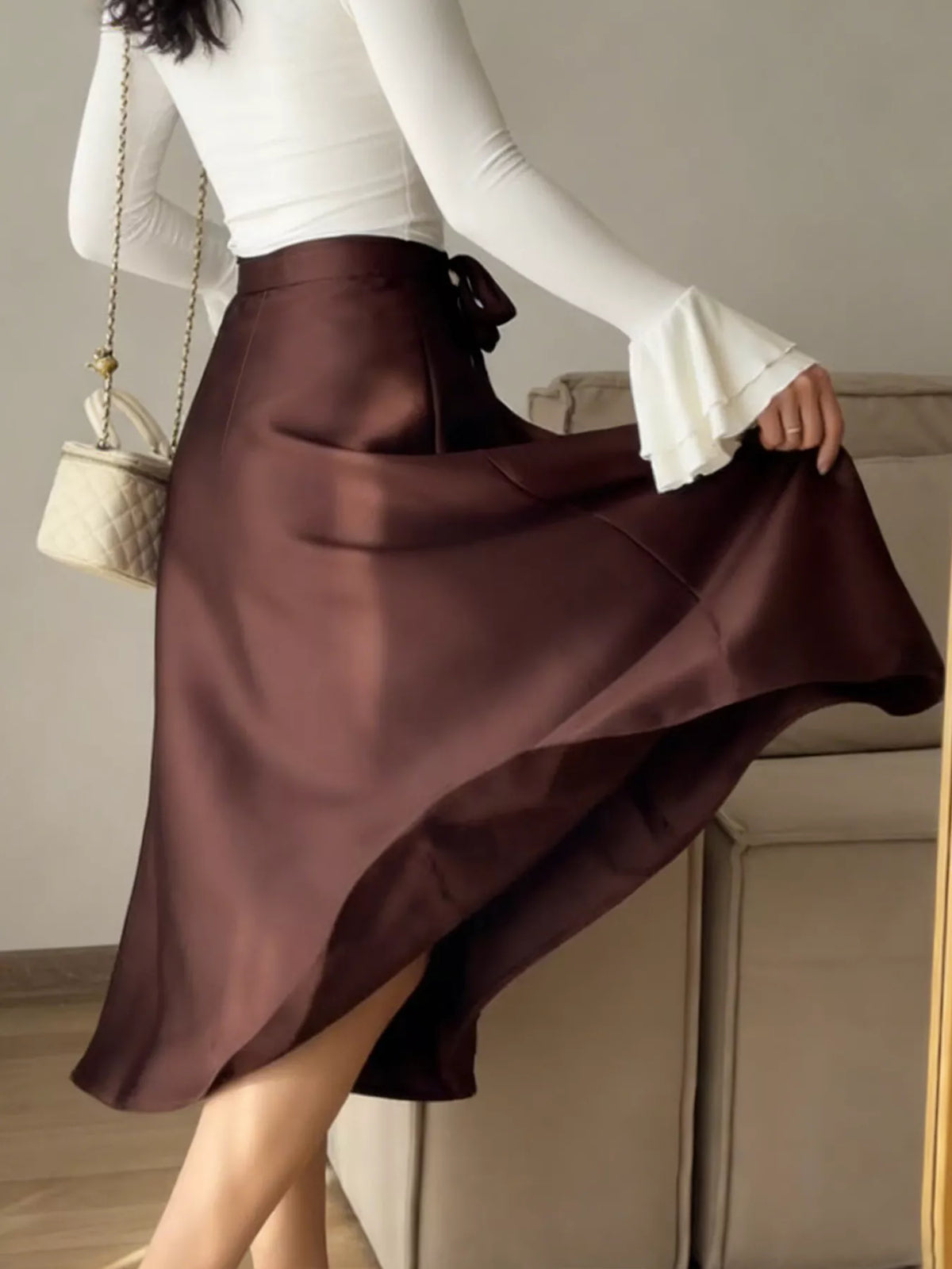Satin A-Line Midi Skirt in Burgundy