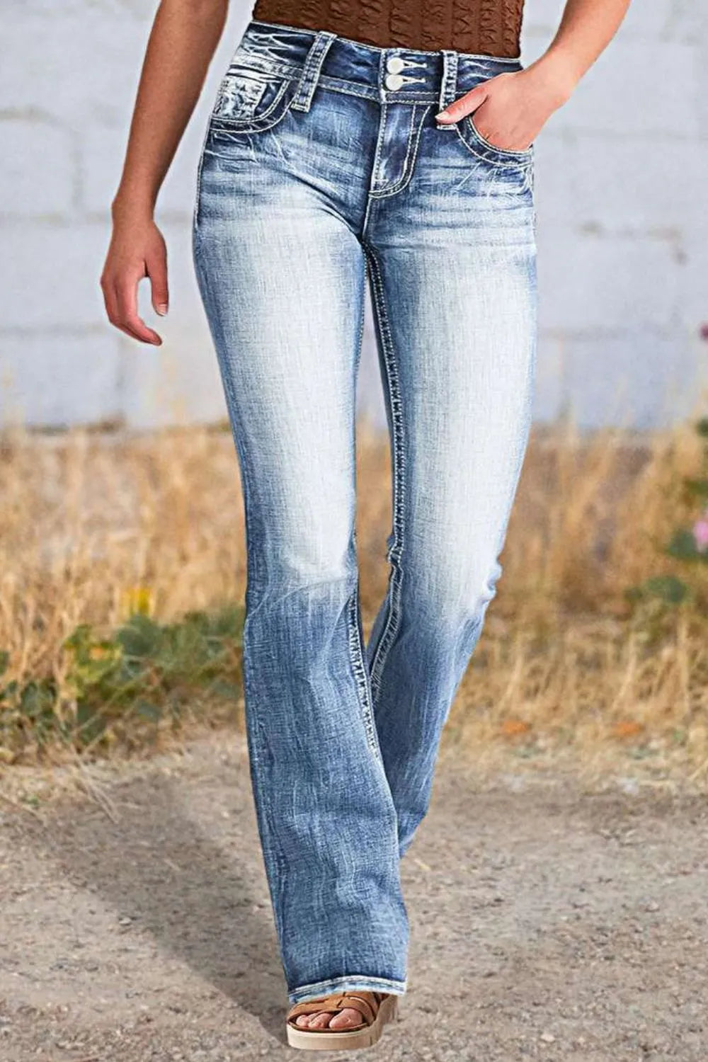 Star Embroidered Bootcut Jeans in Light Wash