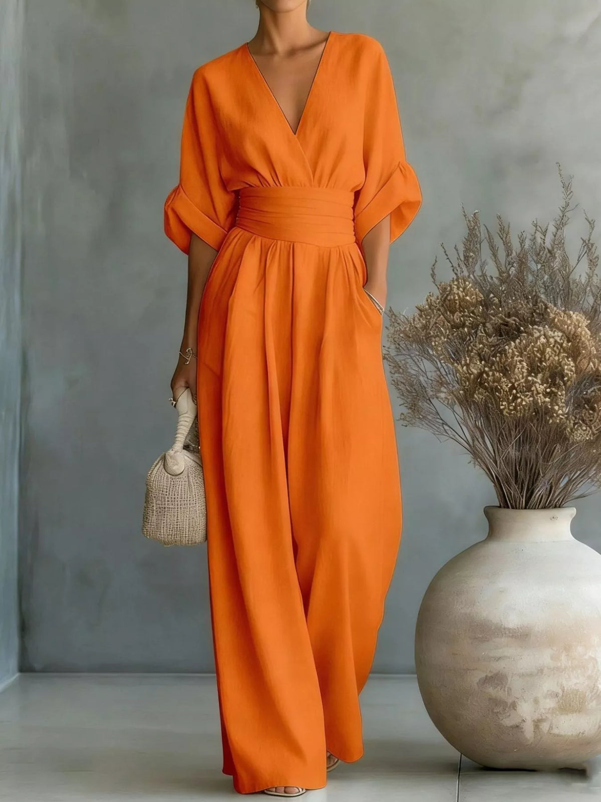 Ruched Half Sleeve Wide-Leg Jumpsuit